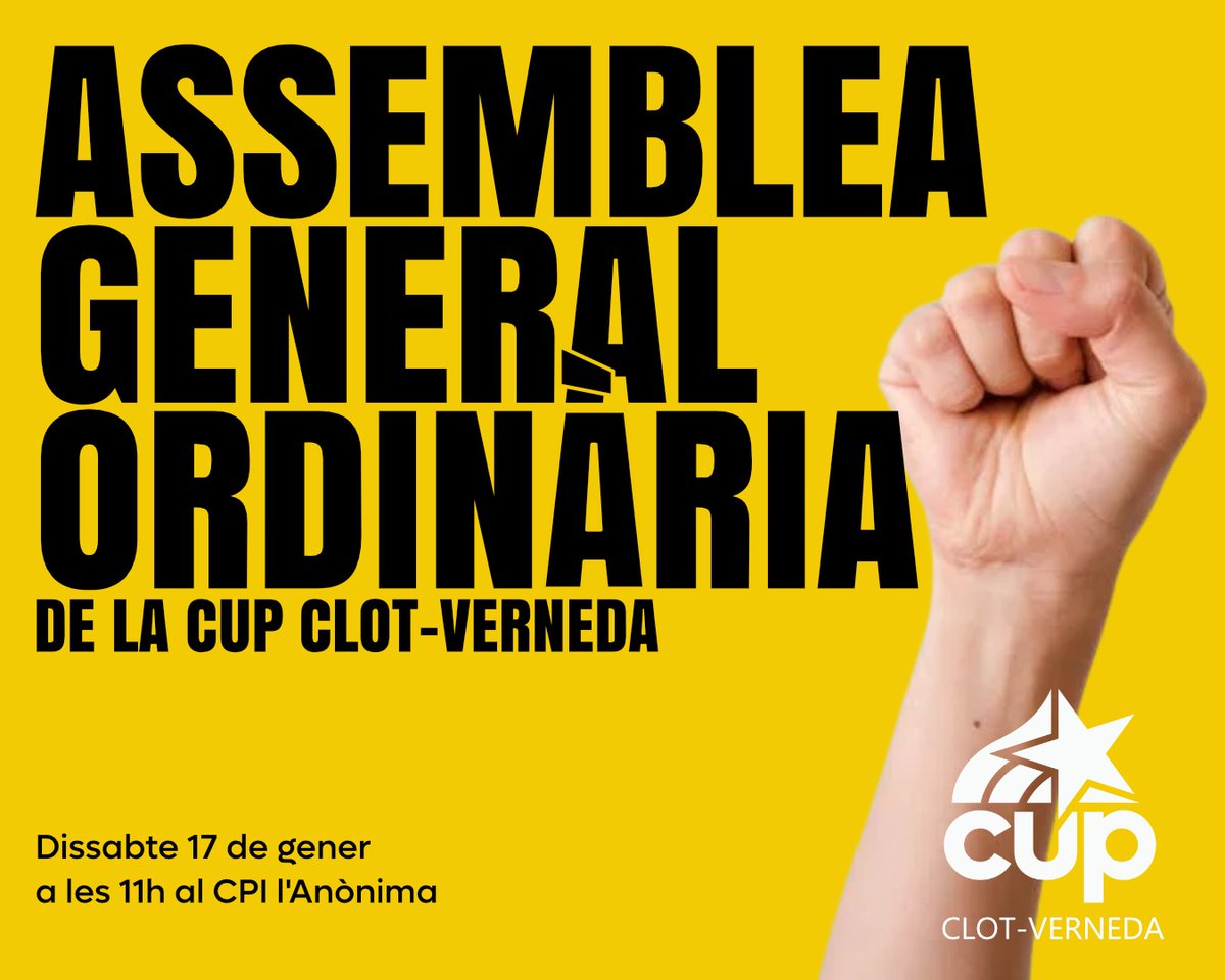 CUPSantMarti's tweet photo. #AGO2026 | DEMÀ DISSABTE 📆 el nucli de la CUP #Clot-#Verneda realitzarem la nostra Assemblea General Ordinària, en la qual valorarem el 2025 i ens marcarem objectius per enguany.
📍11h a l'@Anonima_Clot. Oberta a militants, col·laboradores i simpatitzants, no ho falteu! 😉 https://t.co/pXd7mPQ4P0