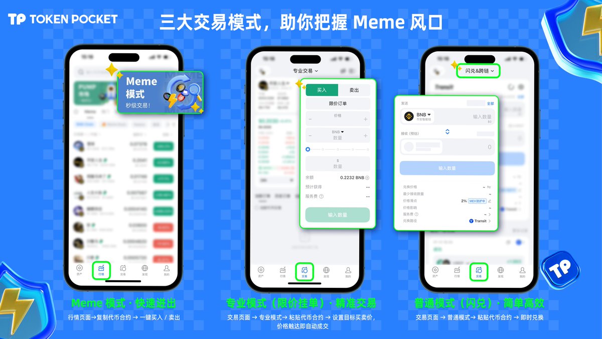 TokenPocket 三大交易模式，适配Meme 行情的不同交易需求🔷Meme 模式入口：行情页面→ 复制代币合约→ 一键买入/ 卖出特点：极致流畅的秒级交易体验，适合快速操作。  🔷专业模式（限价订单） 入口：交易页面