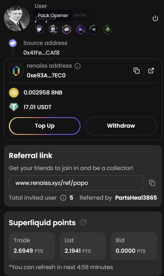 Today I opened the Legacy Pack. <a href="/renaissxyz/">Renaiss Protocol</a> 
I opened a total of five packs. They sold out very quickly due to immense popularity.

I obtained one B-grade and four D-grade items.
Although I could sell them at 90% of the offer price, I listed them immediately on the marketplace to
