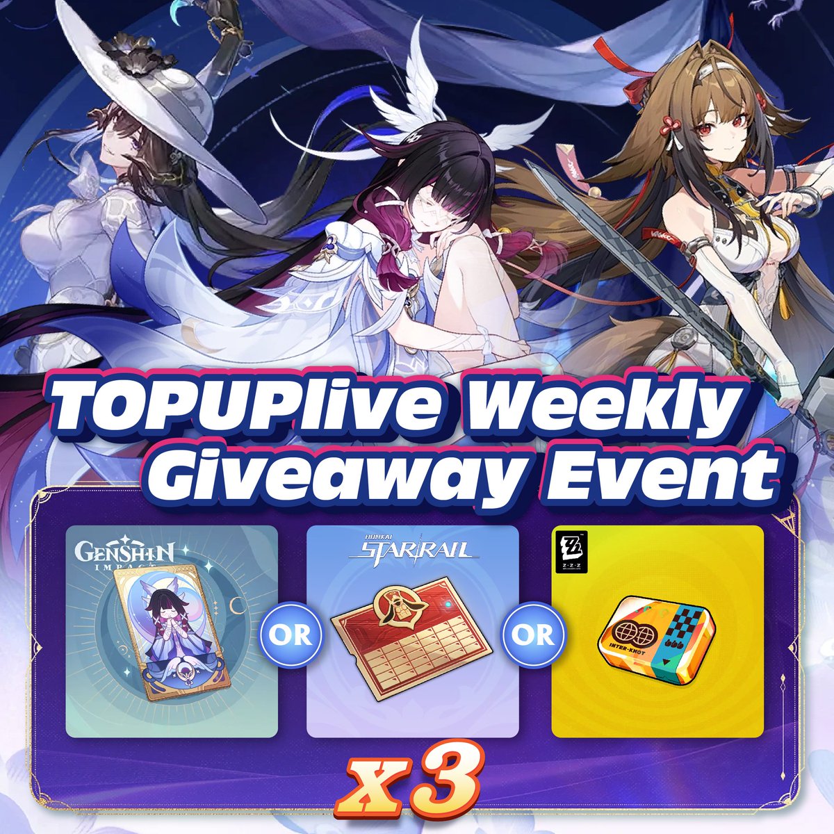Topuplive_'s tweet image. TOPUPlive Weekly Giveaway Event

Prizes:

3x Monthly Pass

Rules: 
&amp;gt;Follow @Topuplive_ 
 
&amp;gt;Like &amp;amp; RT 

&amp;gt;Comment: For TOPUPlive

✨Use code [17k] and [columbina] for 10% Off

🗣️Up to 18K followers, unlock 1x 1980 pack!!

📅Ends at 2026/01/20
📢Winner announced: 2026/01/21…