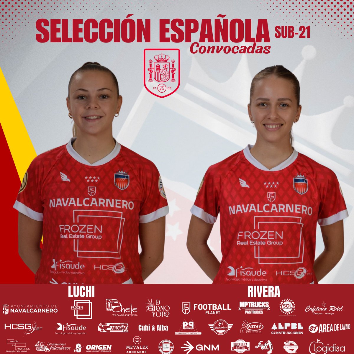 Convocatoria @sefutbol sub-21:

Estamos muy orgullosos de nuestras dos Lucías, Lucía Rodríguez “Luchi” y Lucía Rivera , convocadas con la selección Sub-21 para dos amistosos ante República Checa 🇨🇿. Para Lucía Rivera es la primera de lo que esperamos sean muchas convocatorias.