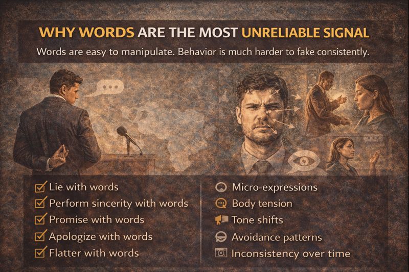 WorthyClips's tweet image. Why Words Are the Most Unreliable Signal
Words are easy to manipulate.
Behavior is much harder to fake consistently.
People can:
• Lie with words
• Perform sincerity with words
• Promise with words
• Apologize with words
• Flatter with words
But they struggle to control: