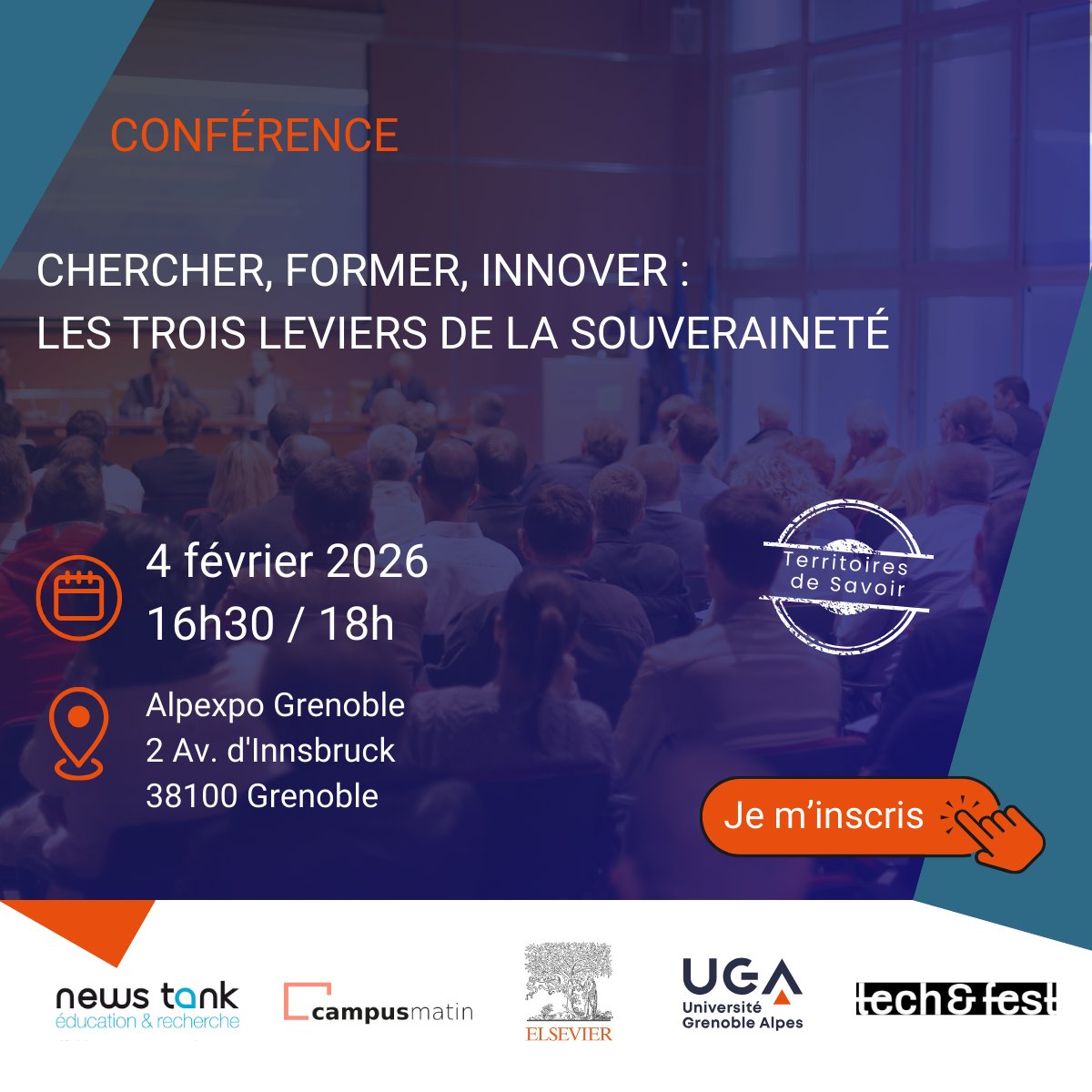 ⏰ Derniers jours pour s’inscrire !
Table ronde « Chercher, Former, Innover » à #TechAndFest : universités, recherche, industrie et État débattent de la souveraineté scientifique &amp; technologique.

👉 tech-fest.fr/fr
#Innovation #Recherche #ESR #TerritoiresDeSavoir