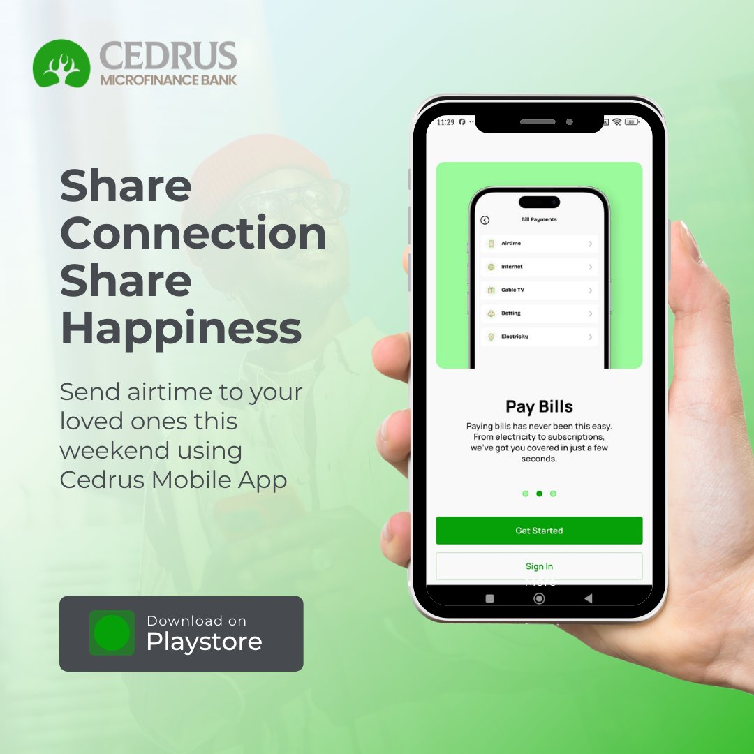 CedrusMfb's tweet photo. From family to friends, connection brings joy.
Send airtime effortlessly on Cedrus Mobile App and keep the conversations going.

For Enquiries:
Website: https://t.co/UYyhEA7IX3
Email: cmfb@cedrusmfb.com
Call: 2348086295272 https://t.co/DRXDCYBee9