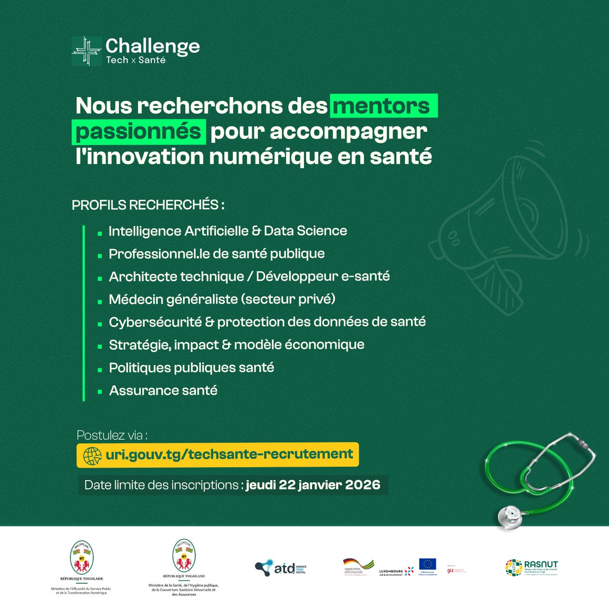 Vous êtes passionné par l’innovation numérique en santé et souhaitez accompagner des porteurs de solutions ?
Rejoignez le Challenge Tech x Santé en tant que mentor 
uri.gouv.tg/techsante-recr…
Date limite : jeudi 22 janvier 2026

#ChallengeTechSanté #MESPTN #MSHPCSUA #TogoDataLab