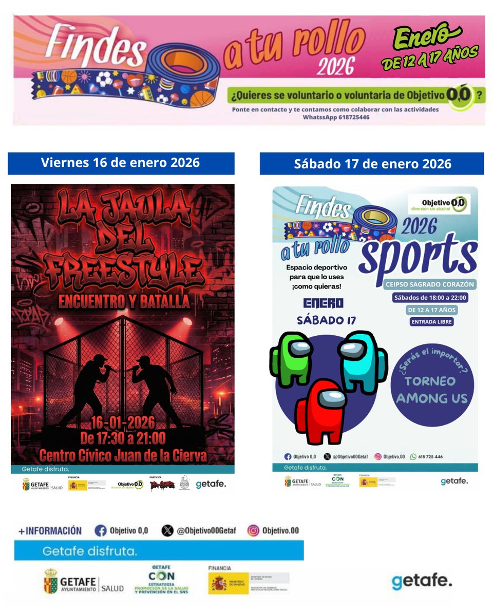 Este Finde te esperamos...
🎤 Viernes 16: Freestyle en el CC Juan de la Cierva (17:30h). 
🎮 Sábado 17: Deporte + Torneo Among Us en vivo en el CEIPSO Sagrado Corazón (18:00h).
✅ Entrada LIBRE. 
<a href="/getafejoven/">GETAFE JOVEN</a>
<a href="/aytogetafe/">Ayuntamiento Getafe</a>