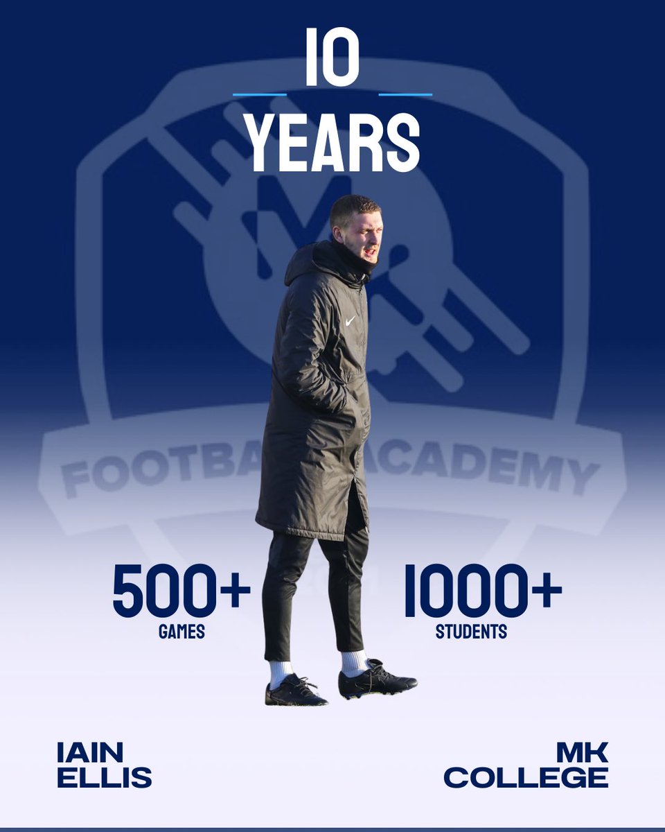 🔵🎉 Congratulations to Men’s Head Coach Iain on 10 years at MKCFA!

🏟️ 500+ games coached across men’s and college football, with a few cards along the way 😉
📚 1,000+ students supported
⚽️ 5,000+ hrs on the pitch 
⏱️ 5,000+ hrs in the classroom

An unbelievable achievement 👏
