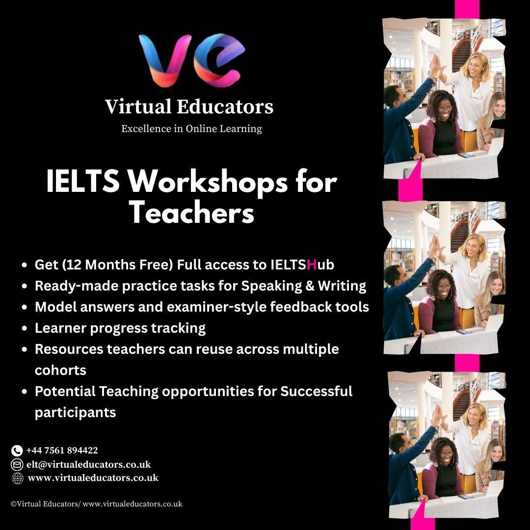 V_educators's tweet photo. Boost your students' IELTS results 📈

Our classroom-ready IELTS workshops help teachers deliver Writing &amp; Speaking more effectively — with 12 months’ FREE access to IELTSHub included.

📩 learning@virtualeducators.co.uk

#IELTS #TeacherTraining #EdTech #InternationalEducation https://t.co/YhLpeoHRaN