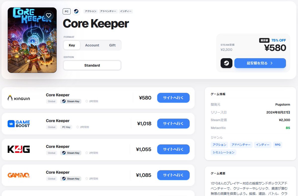 gemutoku's tweet photo. 【Core Keeper】最安値情報

💸 Steam定価：2,300円
📉 ゲムトク最安値：580円 (75%OFF)

👉https://t.co/Nwt0H5B1Wg

ゲムトクは  PCゲームの最安値をリアルタイム更新中。  常に最新の「底値」を掲載しているので、ゲーマーはフォロー推奨で🫡 https://t.co/QXsKBkKdXy