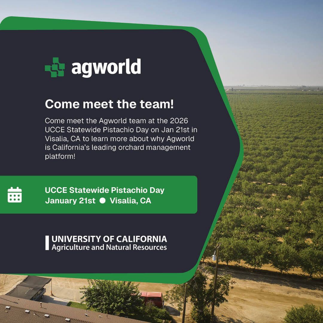 Agworld's tweet image. The Agworld team with be in Visalia on January 21st for the UCCE Statewide Pistachio Day!

Be sure to stop by to learn about why Agworld is California's leading orchard management platform! 

#agworld #pistachio #uccestatewidepistachioday