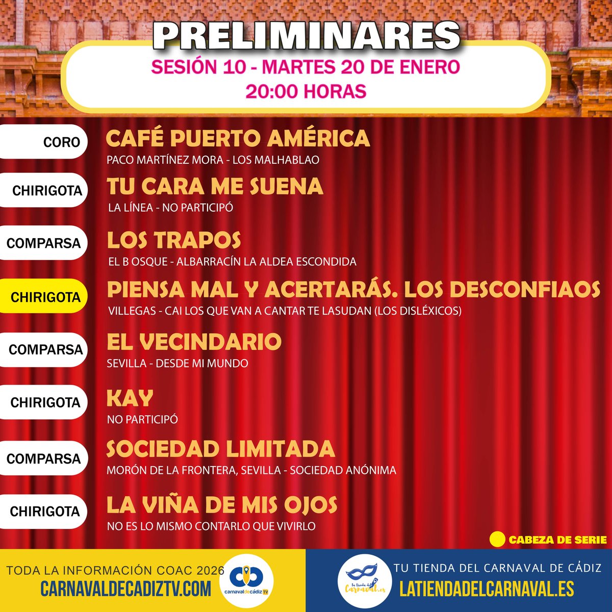 Orden de actuación sesión 10, Martes 20 de Enero

Más información del orden y de las agrupaciones en:
carnavaldecadiztv.com/preliminares-a…
Diariamente para ti.

#carnavaldecadiz #cadiz #COAC2026 #carnavaldecádiz2026