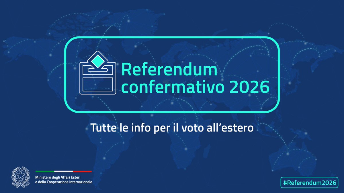 🗳️Nei giorni 22 e 23 marzo 2026 in Italia si svolgerà un referendum ex art. 138 della Costituzione per la modifica di alcuni articoli della Costituzione (c.d. “Riforma della giustizia”). 

📩I cittadini italiani residenti o temporaneamente all’estero potranno votare per posta. I