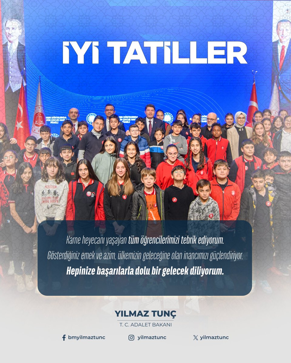 2025-2026 eğitim öğretim yılının birinci dönemini başarıyla tamamlayan kıymetli öğrencilerimizi tebrik ediyorum.

Karne heyecanı yaşayan geleceğimizin teminatı evlatlarımız ile değerli öğretmenlerimize sağlıklı, huzurlu ve verimli bir tatil diliyorum. 

#İyiTatiller
#KarneGünü