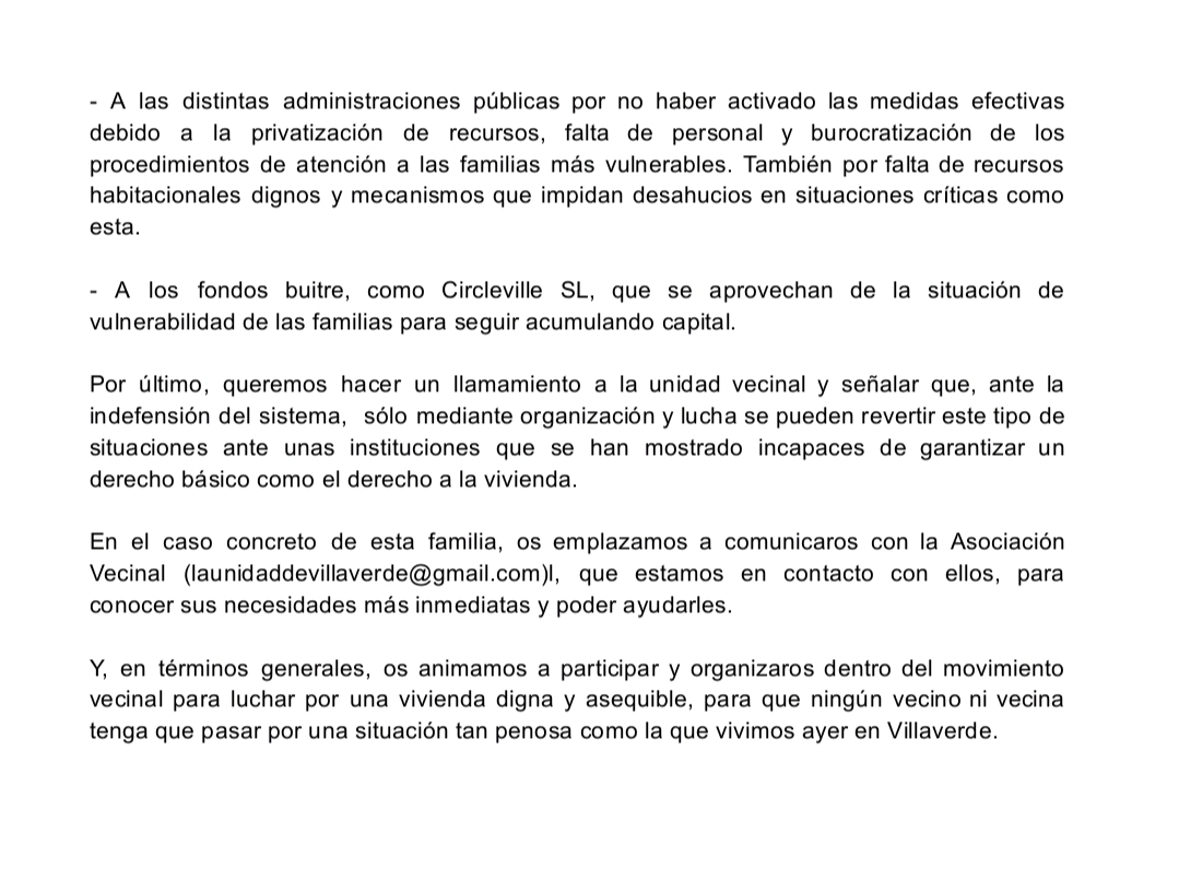 Respuesta vecinal ante el #AbandonoInstitucional en #Villaverde

Denunciamos el desahucio ejecutado contra una mujer de 65 años y sus 2 nietos menores, víctimas de violencia machista

❌No es un caso aislado ni un fallo puntual 👇