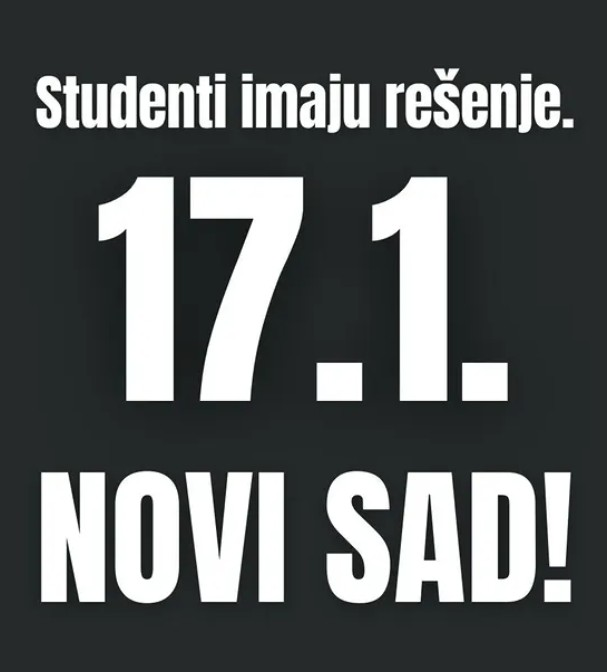 Kad već BG studenti, niti vrhovni nalog ne zove, evo ja ću uz zborove Novog Sada.

Pozivamo vas na studentski protest koji će se održati u subotu, 17.1. u 18 sati na Trgu slobode.

Planirani su govori u kojima će studenti građanima predstaviti nekoliko glavnih tačaka njihovog