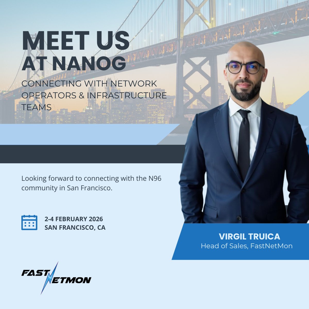 Attending <a href="/nanog/">NANOG</a> in San Francisco (Feb 2–4)?

Virgil Truica, Head of Sales at FastNetMon, will be there all three days connecting with network operatos and infrastructure teams.

Happy to talk DDoS detection, operator workflows, and real-world deployments.
#NANOG96