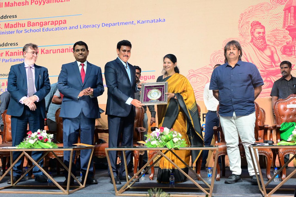 KanimozhiDMK's tweet photo. I participated in the inaugural ceremony of the Chennai International Book Fair 2026, held today at Chennai’s Kalaivanar Arangam and organised by the School Education Department of the Government of Tamil Nadu. In its fourth year, the fair stands out as a platform to take Tamil literature to the global stage while also bringing the finest of world literature to Tamil Nadu.

The ceremony was attended by the Hon’ble Minister for School Education, Thiru. @Anbil_Mahesh; Hon’ble Minister for Primary & Secondary Education, Government of Karnataka, Thiru. @Madhu_Bangarapp; Additional Chief Secretary to the Government, Thiru. Chandra Mohan; Director of Public Libraries, Thirumigu. S. Jayandhi; Consul General of France, Thiru. Etienne Rolland-Piegue; and Vice President, Business Development, Frankfurt Book Fair, Thirumigu. Claudia Kaiser.

#CIBF2026
