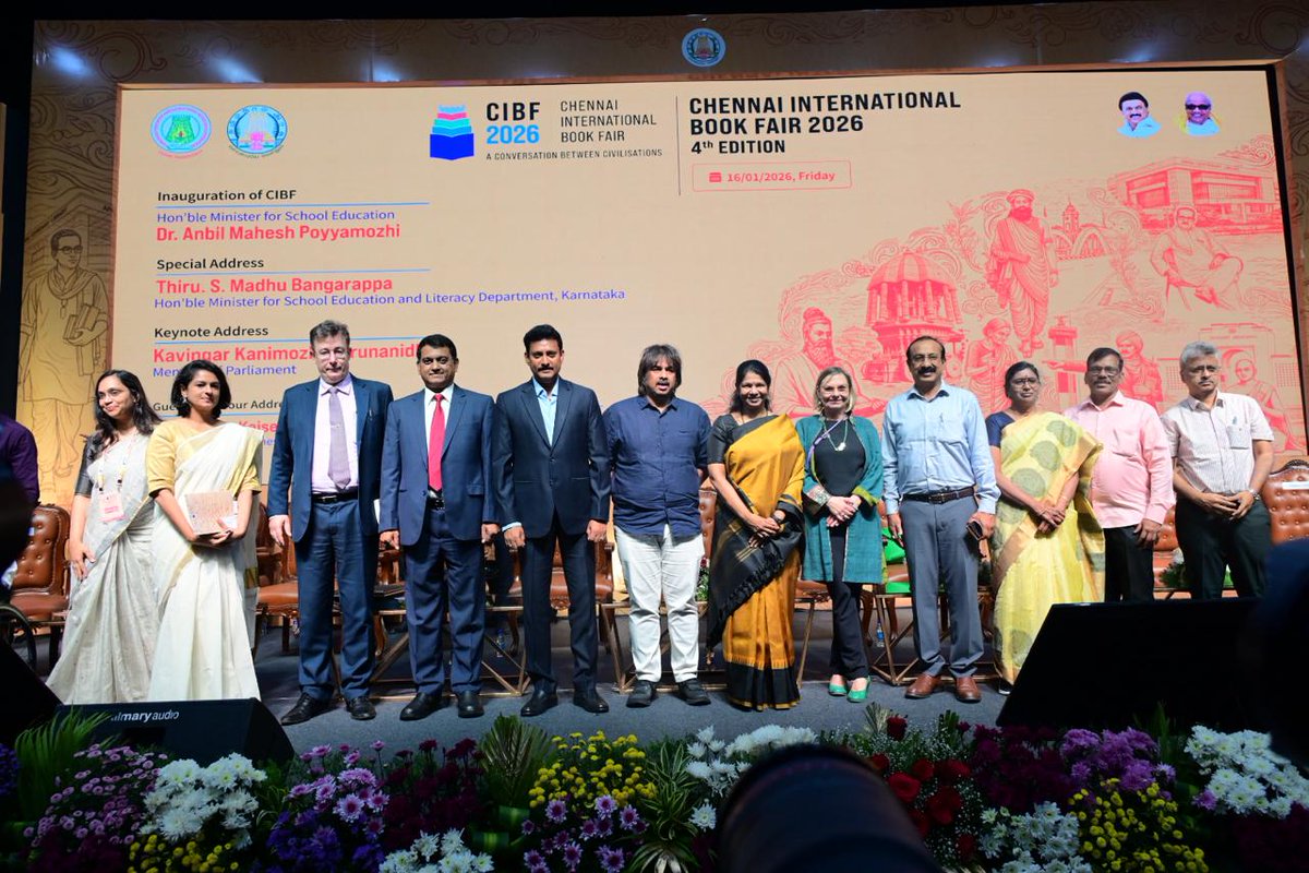 KanimozhiDMK's tweet photo. I participated in the inaugural ceremony of the Chennai International Book Fair 2026, held today at Chennai’s Kalaivanar Arangam and organised by the School Education Department of the Government of Tamil Nadu. In its fourth year, the fair stands out as a platform to take Tamil literature to the global stage while also bringing the finest of world literature to Tamil Nadu.

The ceremony was attended by the Hon’ble Minister for School Education, Thiru. @Anbil_Mahesh; Hon’ble Minister for Primary & Secondary Education, Government of Karnataka, Thiru. @Madhu_Bangarapp; Additional Chief Secretary to the Government, Thiru. Chandra Mohan; Director of Public Libraries, Thirumigu. S. Jayandhi; Consul General of France, Thiru. Etienne Rolland-Piegue; and Vice President, Business Development, Frankfurt Book Fair, Thirumigu. Claudia Kaiser.

#CIBF2026