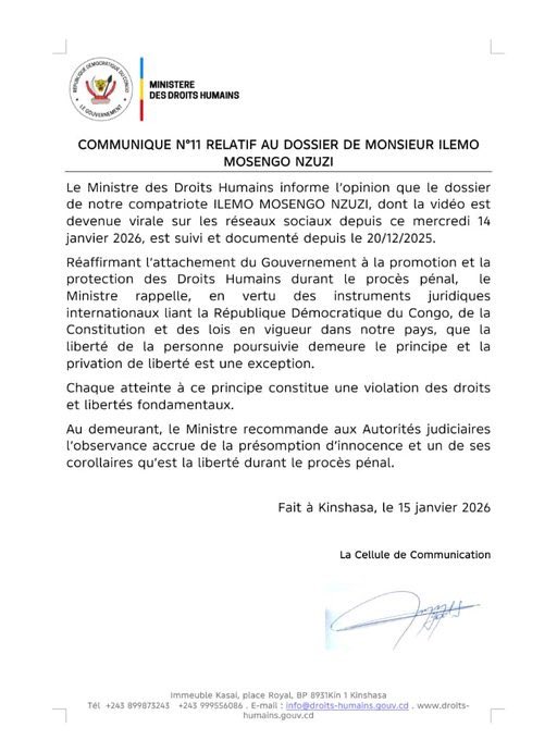 #RDC : Le ministère de la République démocratique du Congo des Droits humains a indiqué suivre et documenter depuis le 20 décembre 2025 le dossier d’Ilemo Mosenzo, dont une vidéo est devenue virale sur les réseaux sociaux cette semaine, rappelant l’attachement du gouvernement au