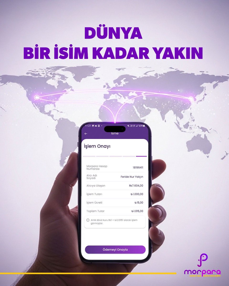 Yalnızca isim bilgisiyle farklı ülkelere para gönderebilir; isme gönderim özelliğiyle işlem adımlarını hızlı ve sade bir akışta tamamlayabilirsin.
Dünya, Morpara’da bir adım uzağında. 💜