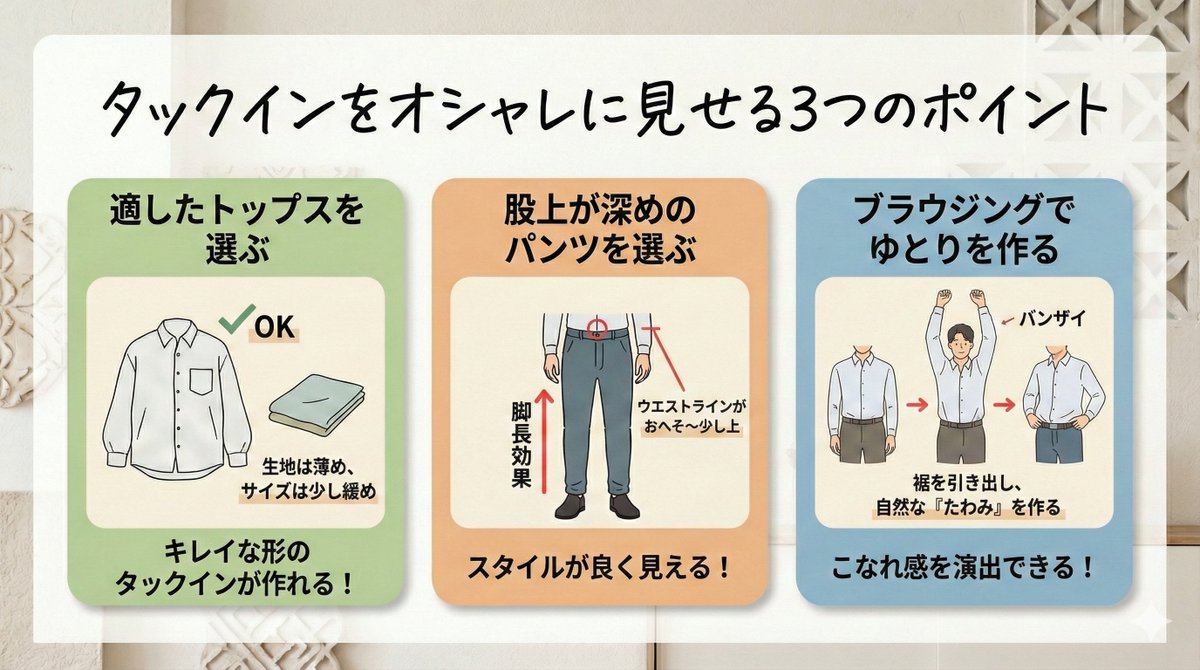 KurOObuchi_M's tweet photo. 朝の投稿の続き。
タックインでスタイルを良く見せる、3つの鉄則がこちら👇

✅薄手×少し緩めのトップス
✅股上深めでおへそ位置を高く
✅「ブラウジング」で裾にゆとり
これだけで脚長効果が激変します。

夜の投稿で、一番大事な「ブラウジング」のやり方を解説します😊 https://t.co/t6chOtt1nJ