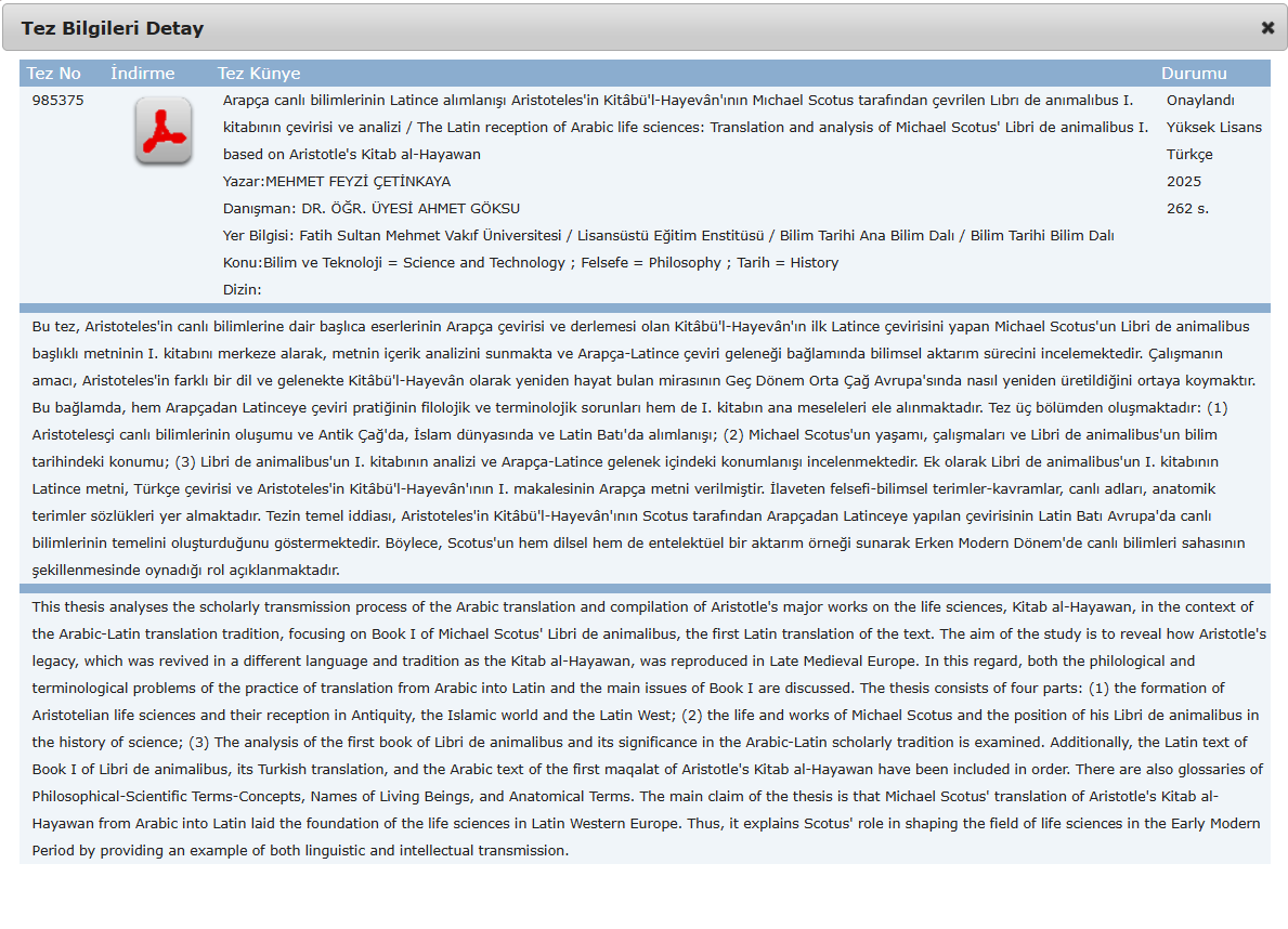 Yüksek lisans tezim Yök-Tez'e yüklendi. 
İsmimle veya başlıkla erişebilirsiniz.

My MA thesis is available in
tez.yok.gov.tr/UlusalTezMerke…
You can access it by searching my name or the title.

Arapça Canlı Bilimlerinin Latince Alımlanışı
The Latin Reception of Arabic Life Sciences