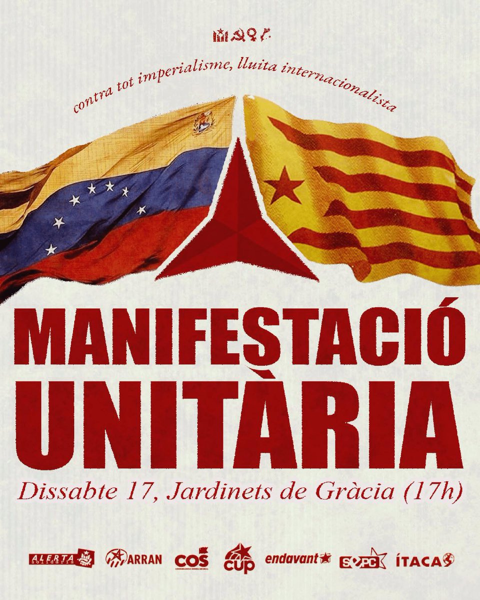 ❗️Contra tot imperialisme, lluita internacionalista

Demà dissabte 17 de gener, manifestació per la sobirania dels pobles, la pau i l'autodeterminació

🦅 PROU AGRESSIONS IMPERIALISTES