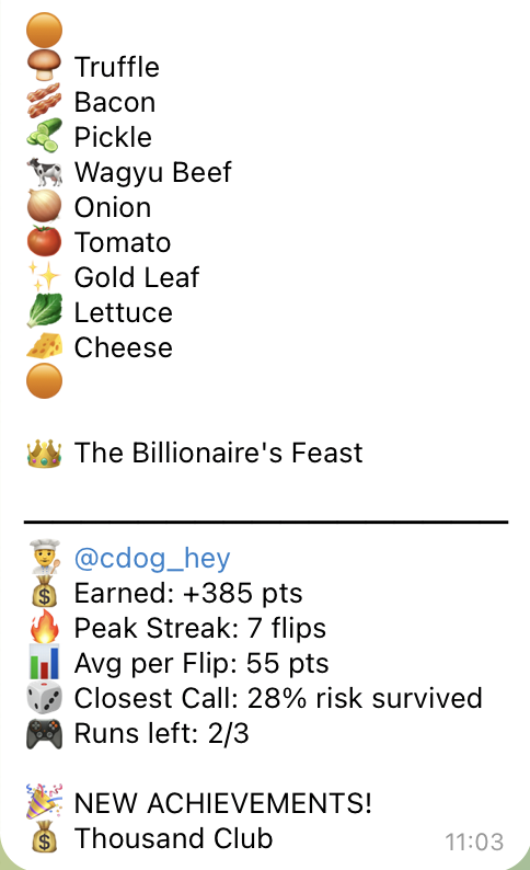 heycdog's tweet photo. Uff, made a huge Burger. Who beats me in the Game?!

🌈 Just flipped a MYTHIC burger!

🍔 👑 The Billionaire's Feast
🥩🧀🥬✨🍅🧅🐄🥒🥓🍄‍🟫 (8 layers)
💰 385 pts • 🔥 7 flips

Play Burger Flip in the $BURGER Telegram!

#BURGER #BurgerFlip @americadotfun 
https://t.co/jNFmNBrx4C https://t.co/P3VILV3NrV