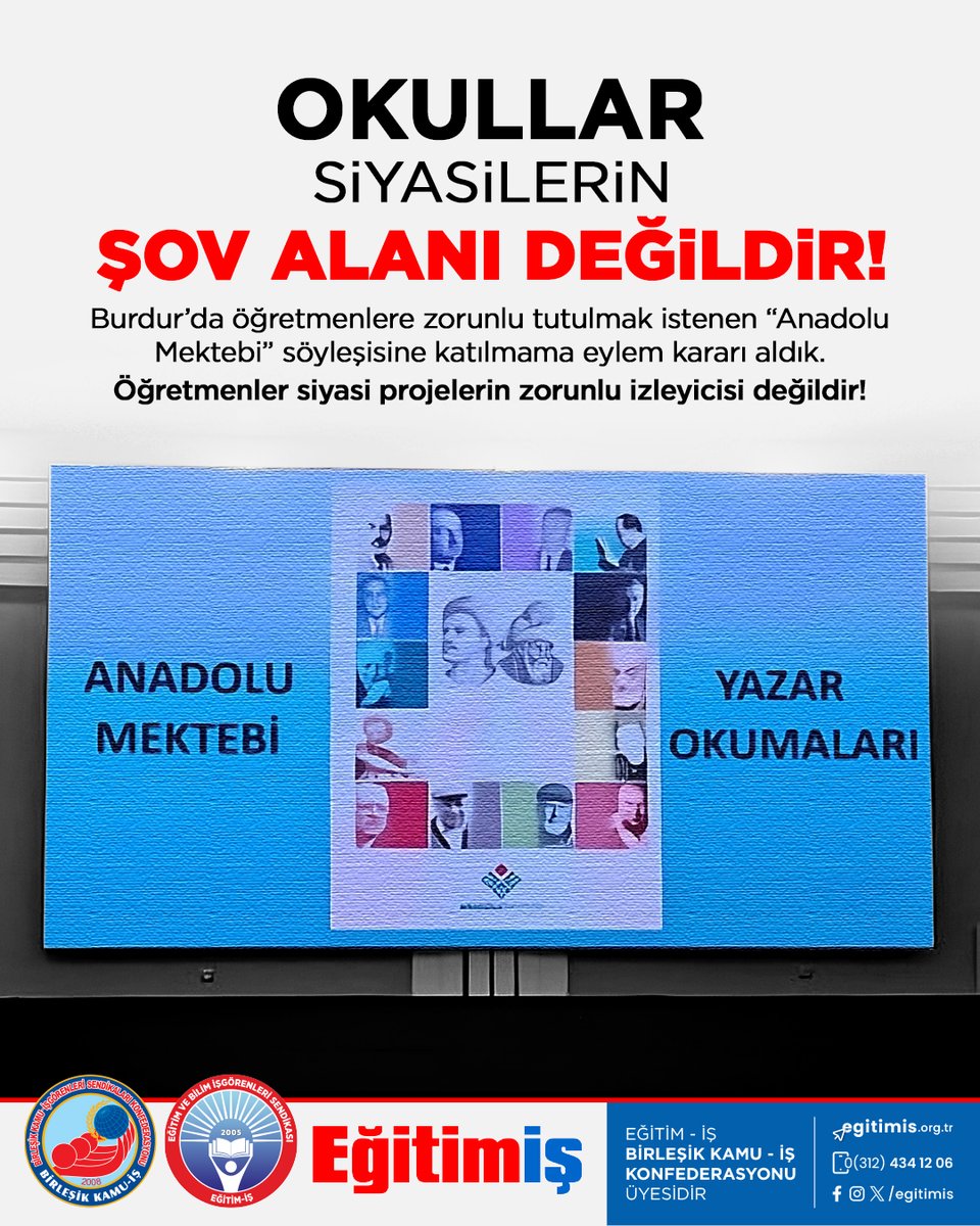 Siyasi iktidar, eğitim üzerindeki ideolojik kuşatmasını; katılımı zorunlu kıldığı projelerle okullara ve öğretmenlere dayatmaya devam etmektedir. İl Milli Eğitim Müdürlüğü tarafından Burdur Valiliği’ne gönderilen yazıda, 15 Ocak 2026 tarihinde gerçekleştirilecek olan “Anadolu