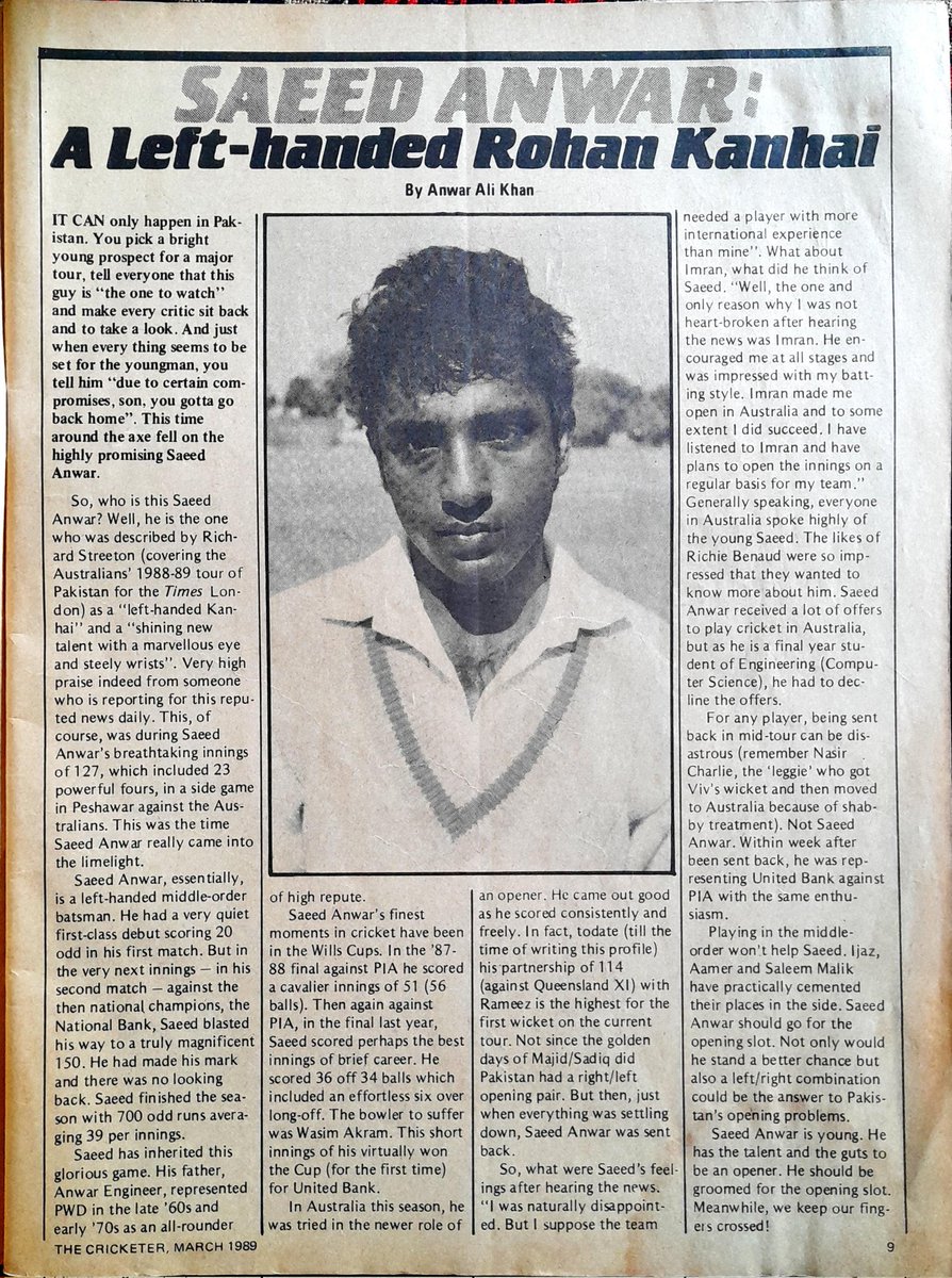 CaughtAtPoint's tweet image. Saeed Anwar: A left-handed Rohan Kanhai 
Article by Anwar Ali Khan, published in The Cricketer (Pakistan) Mar '89 
#CricketTwitter #Cricket #Throwback