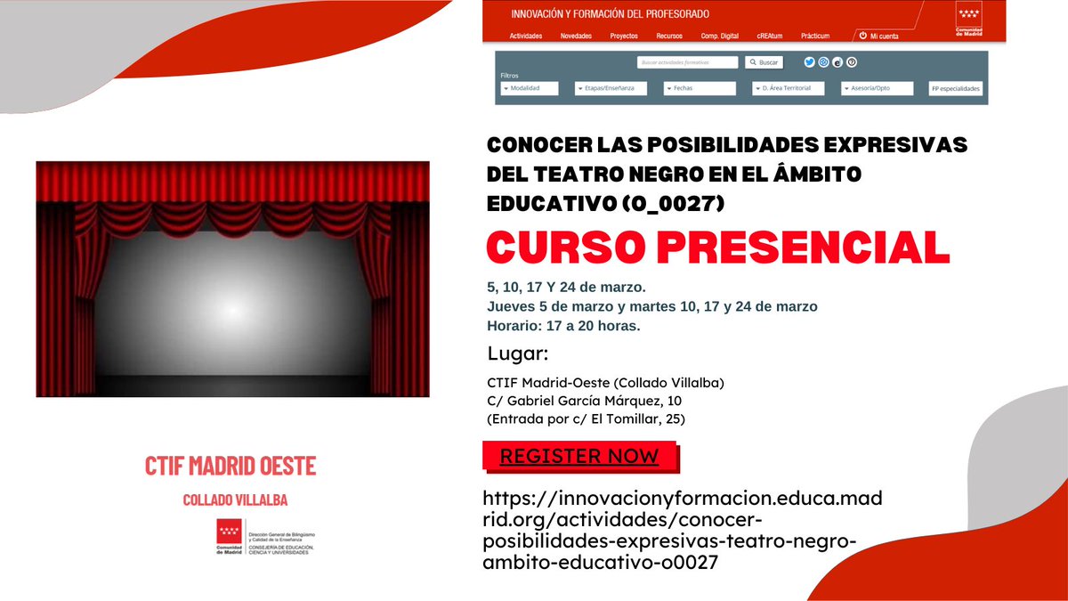 CONOCER LAS POSIBILIDADES EXPRESIVAS DEL TEATRO NEGRO EN EL ÁMBITO EDUCATIVO (O_0027
innovacionyformacion.educa.madrid.org/actividades/co…
➡️Inscripción: 15/12/2025 - 25/02/2026 
Duración: 
🗓️ 05/03/2026 - 24/03/2026
#CTIF_MadridOeste #IF_CMadrid #formacion