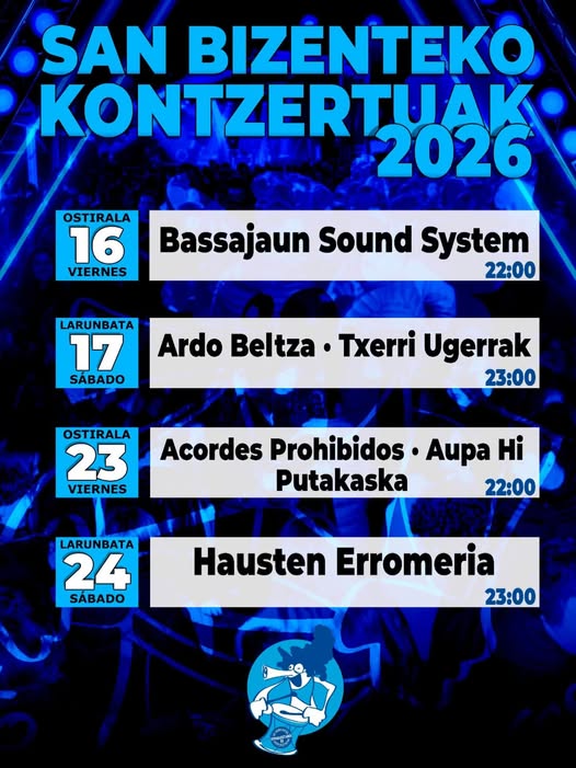 Asteburu honetan eta hurrengoan, #SanBizentekoJaiak direla eta, #kontzertuak!!! 🎶🤘🤘🤘
👉 Urtarrilak 16, 22:00h (Bassajaun Sound System)
👉 Urtarrilak 17, 23:00h (Txerri ugerrak)
👉 Urtarrilak 23, 22:00h (Aupa hi)
👉 Urtarrilak 24, 23:00 (Hausten erromeria)
Apuntatu agendan!!!