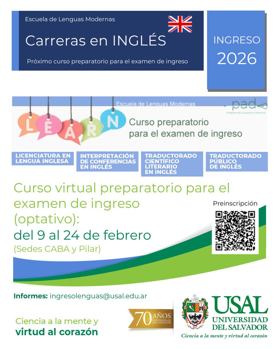 👉INGRESO 2️⃣0️⃣2️⃣6️⃣ 🇬🇧para todas nuestras CARRERAS en INGLÉS🇬🇧
✳️💻CURSO VIRTUAL OPTATIVO preparatorio para el INGRESO (100% online, asincrónico)
ℹ️🌐 usal.edu.ar/lenguas/ingres…

#traductorado #interpretacióndeconferencias #lenguainglesa #inglés #ingreso #LenguasModernasUSAL #USAL