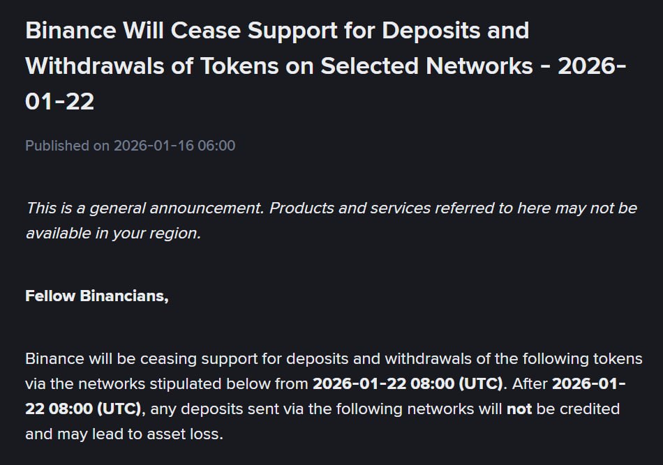 volfweb3's tweet image. 📢 Binance will discontinue support for deposits and withdrawals of tokens on selected networks – January 22, 2026

🔹 $Arbitrum $ARB) via the $Ethereum network
🔹 $1Inch via $BNB Smart Chain
🔹 $Kite $KITE via $AVAX C-Chain
🔹 $0G via the $Ethereum network
🔹 $Turbo $TURBO via…