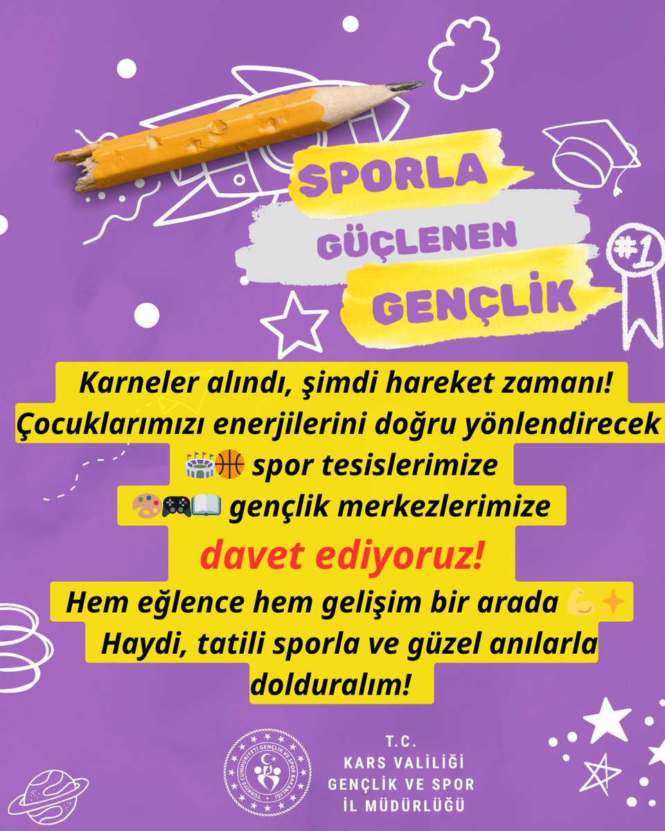 🎒📄 Karneler alındı, şimdi hareket zamanı! 🏃‍♀️🏃‍♂️
Çocuklarımızın enerjisini doğru yönlendirmek, tatili hem eğlenceli hem verimli geçirmek için
🏀⚽ spor tesislerimize
🎨🎮📚 gençlik merkezlerimize
bekliyoruz!
<a href="/OA_BAK/">Dr. Osman Aşkın Bak</a> <a href="/ziyapolat73/">Ziya POLAT</a> <a href="/mehmet_baskoylu/">Mehmet BAŞKÖYLÜ</a> <a href="/gencliksporbak/">Gençlik ve Spor Bakanlığı 🇹🇷</a>