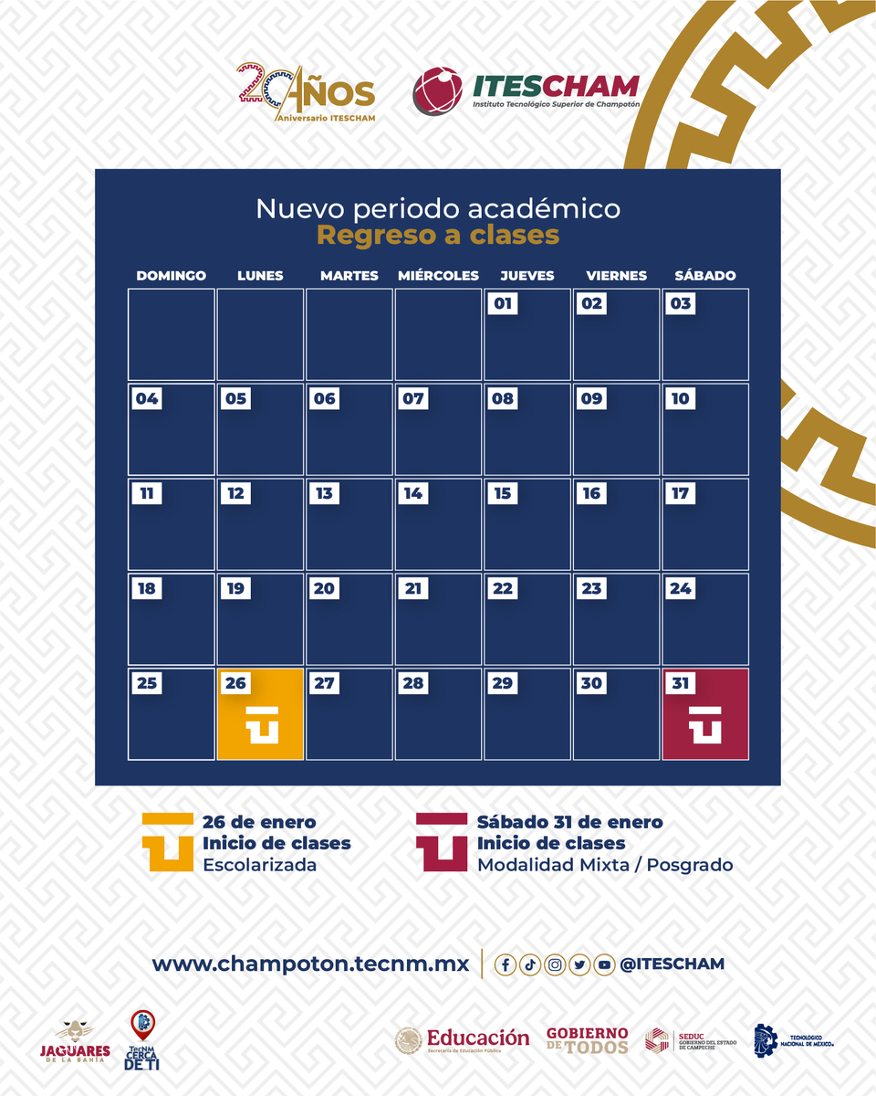 IteschamOficial's tweet photo. El regreso a clases ya tiene fecha y estamos listos para recibirte con toda la energía 
▪️26 de enero
Modalidad escolarizada
▪️Sábado 31 de enero
Modalidad mixta y posgrado
Que este nuevo ciclo esté lleno de aprendizaje, retos y grandes logros. 
#TecNMChampotón
#GobiernoDeTodos https://t.co/YWBWID4d08