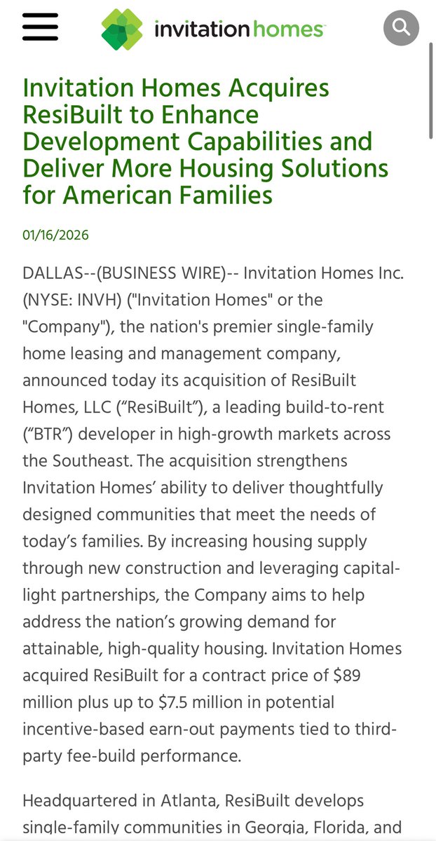 Invitation Homes—a giant single-family landlord—just acquired ResiBuilt—a build-to-rent developer in the Southeast 

ResiBuilt has completed 4,200 homes since its founding in 2018
invh.com/news-events/ne…