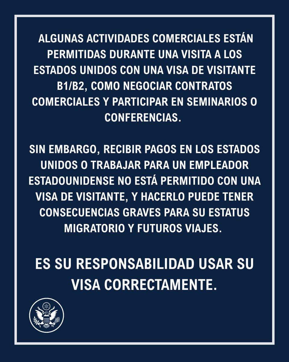 Algunas actividades comerciales están permitidas durante una visita a los Estados Unidos con una visa de visitante B1/B2. Es su responsabilidad usar su visa correctamente. Acceda a más información sobre visas en: ar.usembassy.gov/es/nonimmigran…