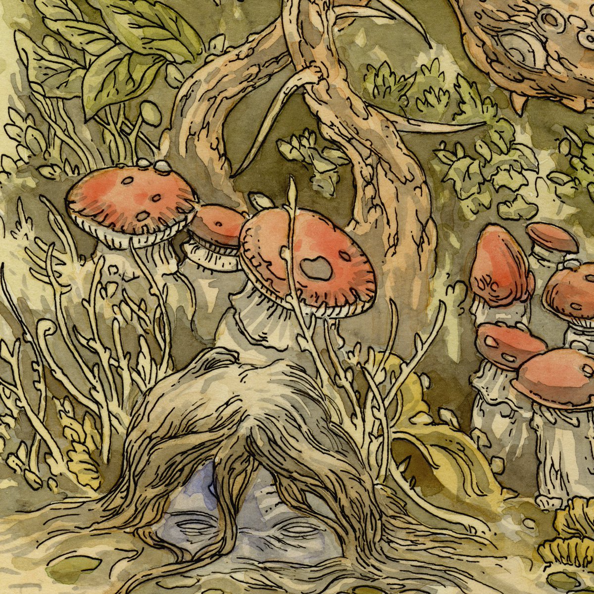 Lost_Machine's tweet image. Happy Friday, friends! Here is a new ink and watercolour piece called “The Witch’s Garden,” 12” x 9.” Watercourse tends to suffer a bit in the image compression, so I’ve added a couple of details.