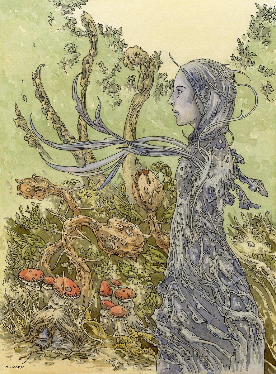 Lost_Machine's tweet image. Happy Friday, friends! Here is a new ink and watercolour piece called “The Witch’s Garden,” 12” x 9.” Watercourse tends to suffer a bit in the image compression, so I’ve added a couple of details.