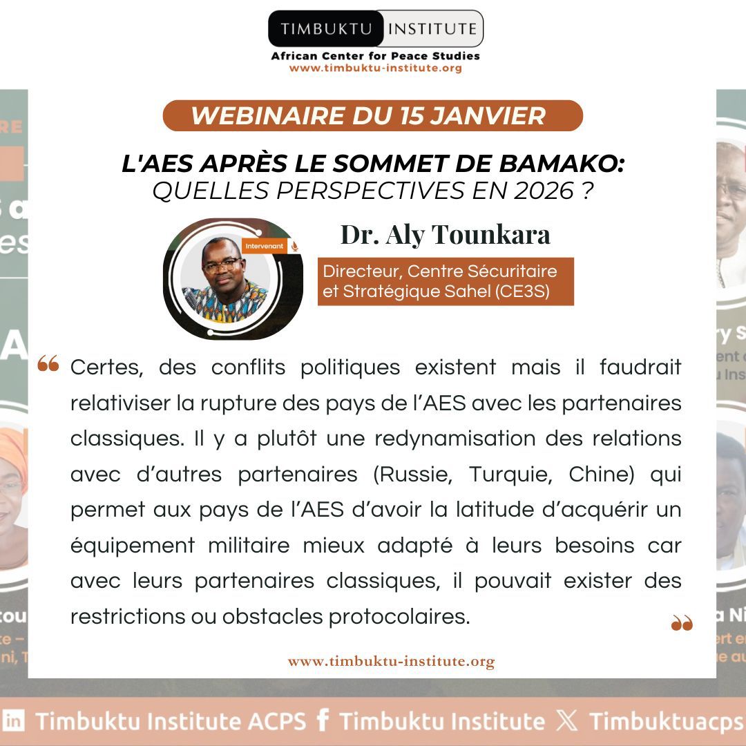 AES et nouveaux partenariats sécuritaires : Pourquoi le Shift ? Débat : L'#AES après le Sommet de #Bamako : Perspectives pour 2026 ? modéré par <a href="/bakary_sambe/">Bakary Sambe</a> 
Dr. <a href="/Tounkar09715798/">Dr Aly TOUNKARA</a> (Université de Bamako, Directeur du CE3S)
#sahel #mali #niger #paix