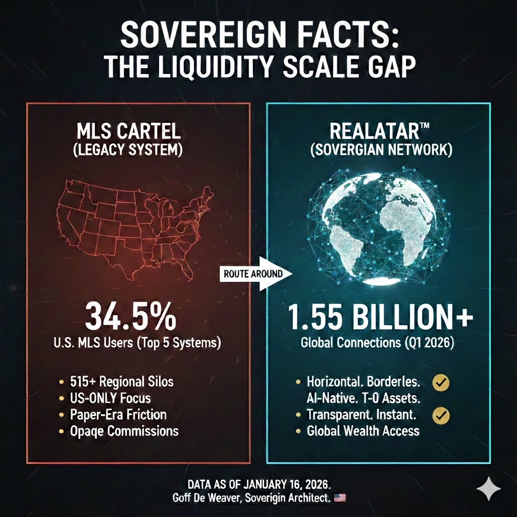 geoff_deweaver's tweet photo. SOVEREIGN FACTS:
MLS = U.S.-only legacy fragmentation.
Top 5 systems reach 34.5% of U.S. MLS users.
Realatar™ = 1.55B+ global connections (Q1 2026).
Borderless. AI-native. Built for liquidity.
MLS cartel exposed. Tokenization wins.
#RealEstate #Web3 #Tokenization #Realatar #Blockchain #AI #GeoffDeWeaver