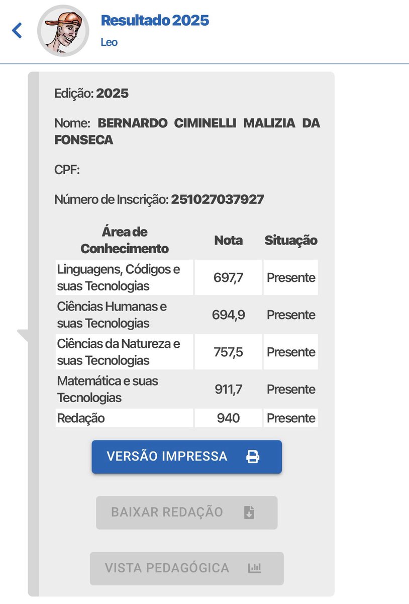 beciminelli's tweet image. Minhas notas no ENEM 2025 com 155 acertos:
40 em linguagens
34 em humanas
39 em naturezas
42 em matemática 
Média Simples: 800,36