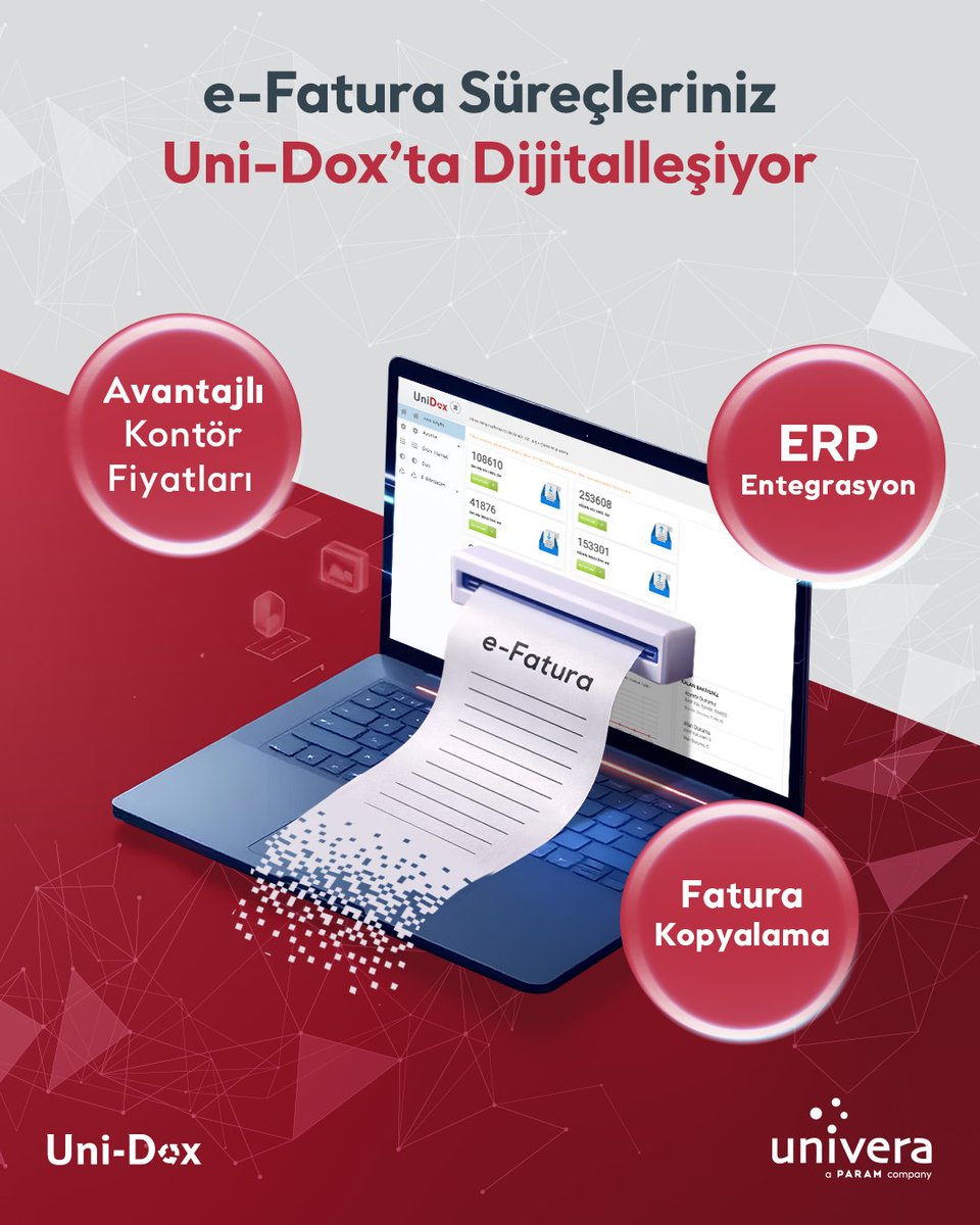 e-Fatura süreçlerinizi Uni-Dox ile daha hızlı, daha güvenli ve tamamen dijital hale getirin. GİB uyumlu altyapı sayesinde faturalarınızı tek platformdan oluşturun, gönderin ve yönetin. 

 Uni-Dox ile fatura süreçlerinizde dijital dönüşüme hemen başlayın. 🚀

#Univera #EFatura