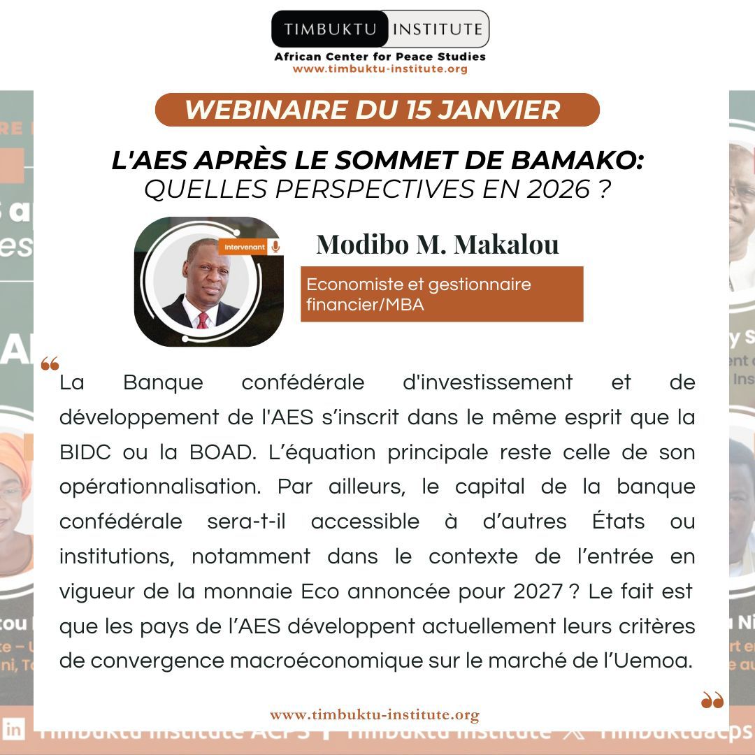AES : Un espace économique viable ?
<a href="/Timbuktuacps/">Timbuktu Institute</a> : (Extraits) Débat : L'#AES après le Sommet de #Bamako : Perspectives pour 2026 ? modéré par <a href="/bakary_sambe/">Bakary Sambe</a> 
Modibo Makalou, Économiste et Gestionnaire Financier (#Mali)
#sahel #paix #securtity