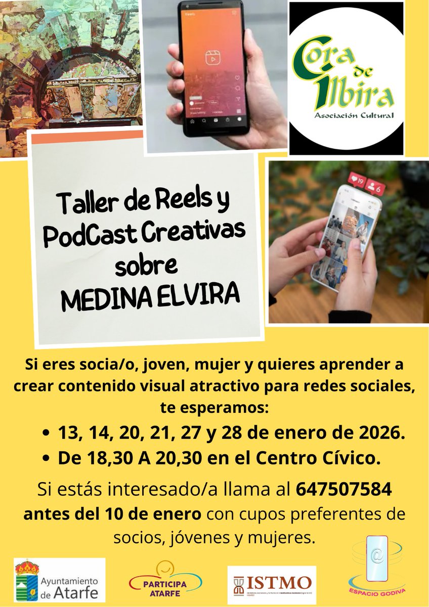 📱🎧 Guillermo García‑Contreras Ruiz impartió la charla “¿Qué es eso de Medina Elvira?” en el marco del taller de creación de reels y pódcast sobre el yacimiento, que se está celebrando estos días en Atarfe (Granada).