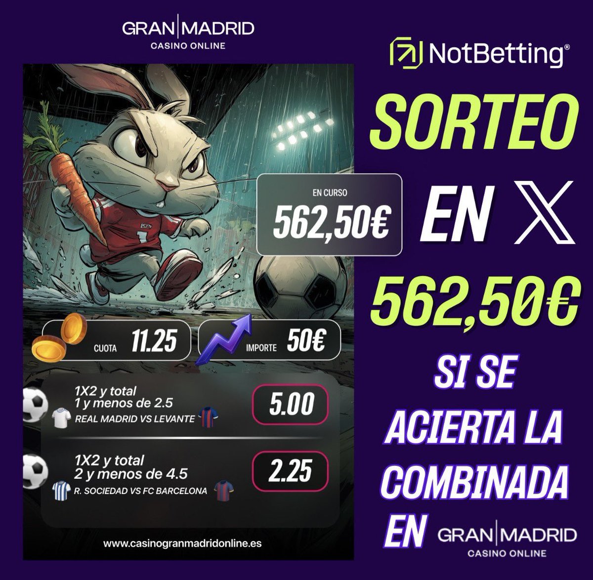 ⚽🔥 ¡SORTEO DE 562.50€! 🔥⚽

Gracias a Gran Madrid lanzamos un SORTEO ÉPICO💰
👉 Si nuestra combinada se acierta, el ganador se lleva 562.50€ DIRECTOS AL BOLSILLO 💸

Solo tienes que:
1️⃣ Seguir a 👉 <a href="/GranMadridES/">Gran Madrid | Casino Online</a>

2️⃣ Dar RT + ❤️ Me Gusta a este tweet

⚡ Dos pasos sencillos,