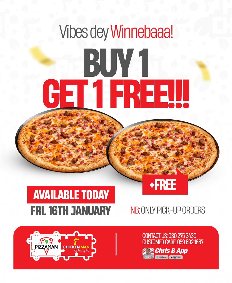 pizzamanghana's tweet photo. Winneba, we came with vibes!  Buy 1, Get 1 FREE pizza today.

📍Opposite Presbyterian MA 

NB: Pickup only. https://t.co/M7RBddwn7f