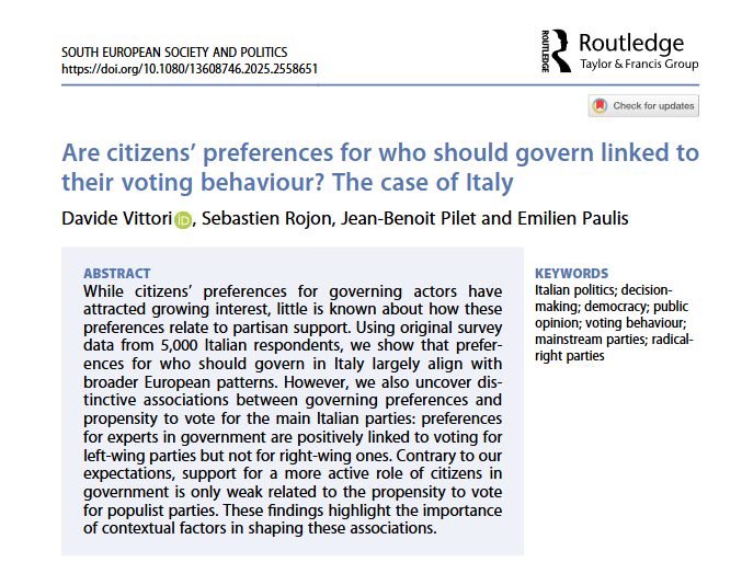 sesp_j's tweet photo. 📢 in our #NewIssue (30.3) 🇮🇹
The analysis by @DaveVitto, @PolPartProject, @jbpilet &amp; E. Paulis uncover distinctive associations between governing preferences and propensity to vote for the main Italian parties

✳️⏳NOW #FreeAccess! Read &amp; download here:
https://t.co/ponA6gvL8A https://t.co/HJvUBuK3oi
