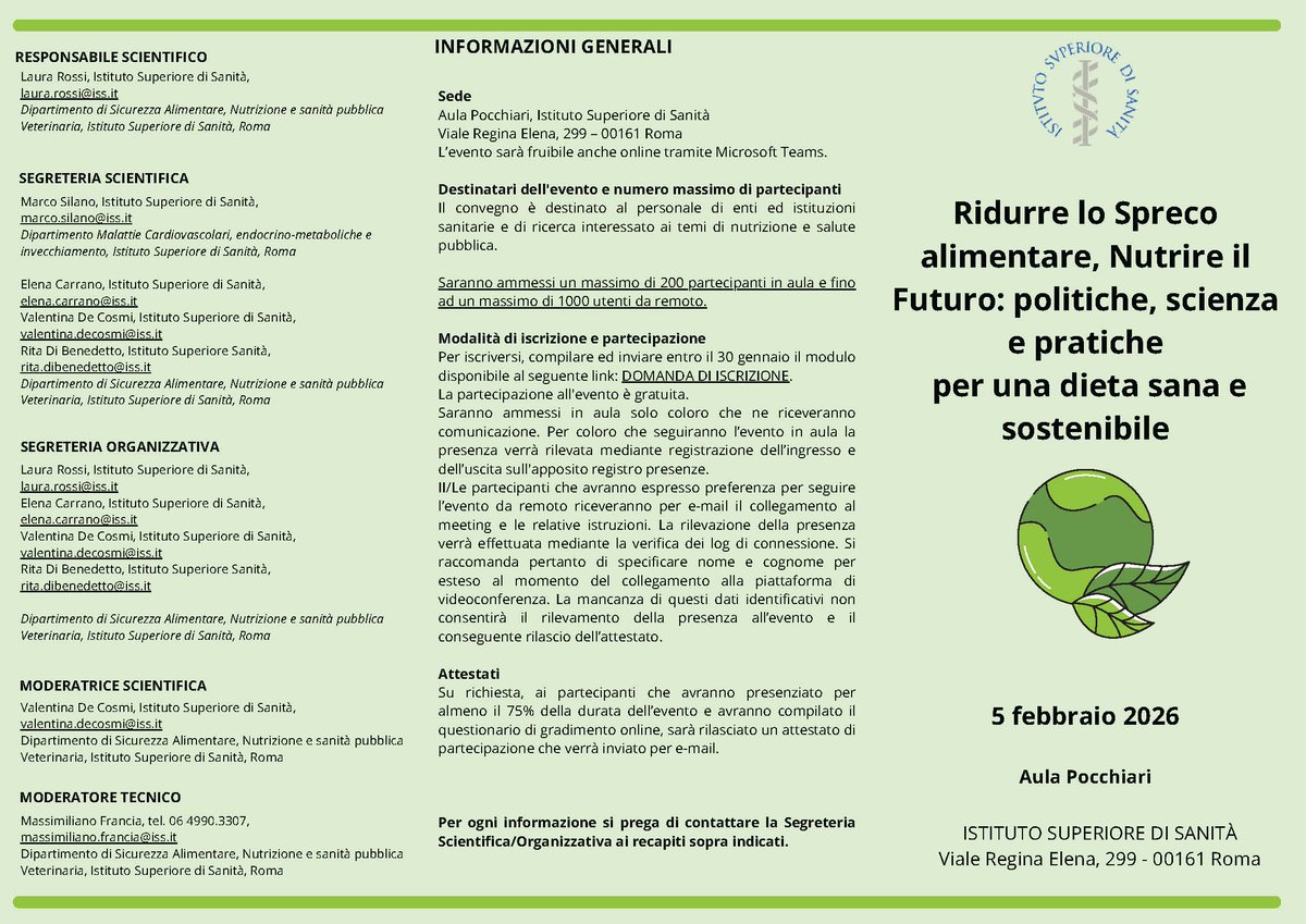LRossi3333's tweet image. 🗓️ Il 5 febbraio l’ISS ospita il convegno “Ridurre lo spreco alimentare, nutrire il futuro” 🥦
🔍 Politiche, scienza e pratiche per una dieta sana e sostenibile
📍 Roma &amp;amp; online
📌 Iscrizioni gratuite al link nel programma
#sprecoalimentare #nutrizione #sostenibilità #ISS